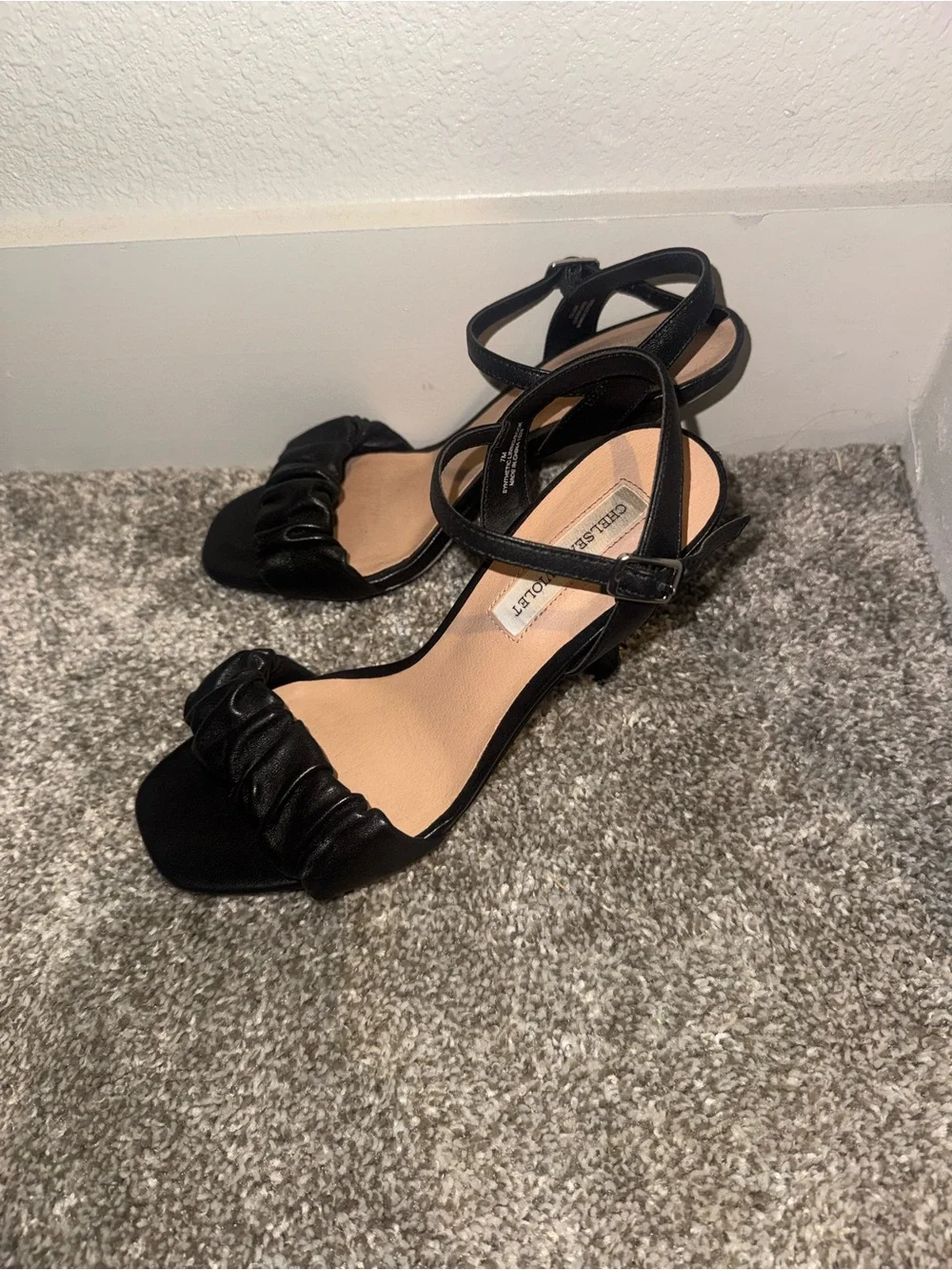 Chelsea & Violet Black Ruched Strap Heels